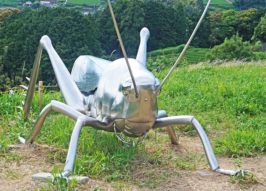 茶産地、東山に展示されているステンレス彫刻作品「トノサマバッタ」