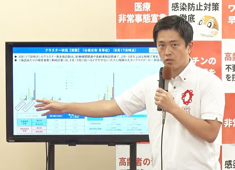 ［写真］会見で大阪府の感染状況を説明する大阪府の吉村洋文知事