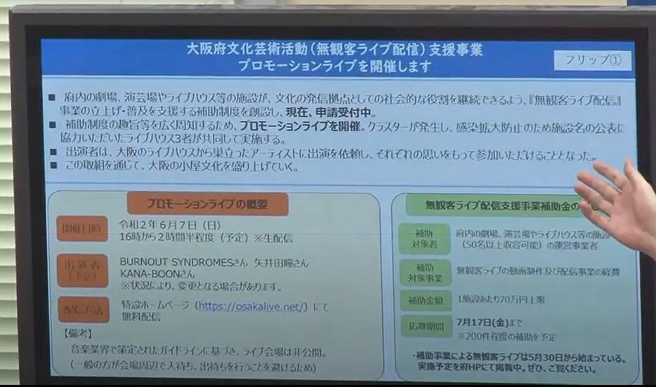 ［写真］「大阪府文化芸術活動(無観客ライブ配信)支援事業」の説明資料