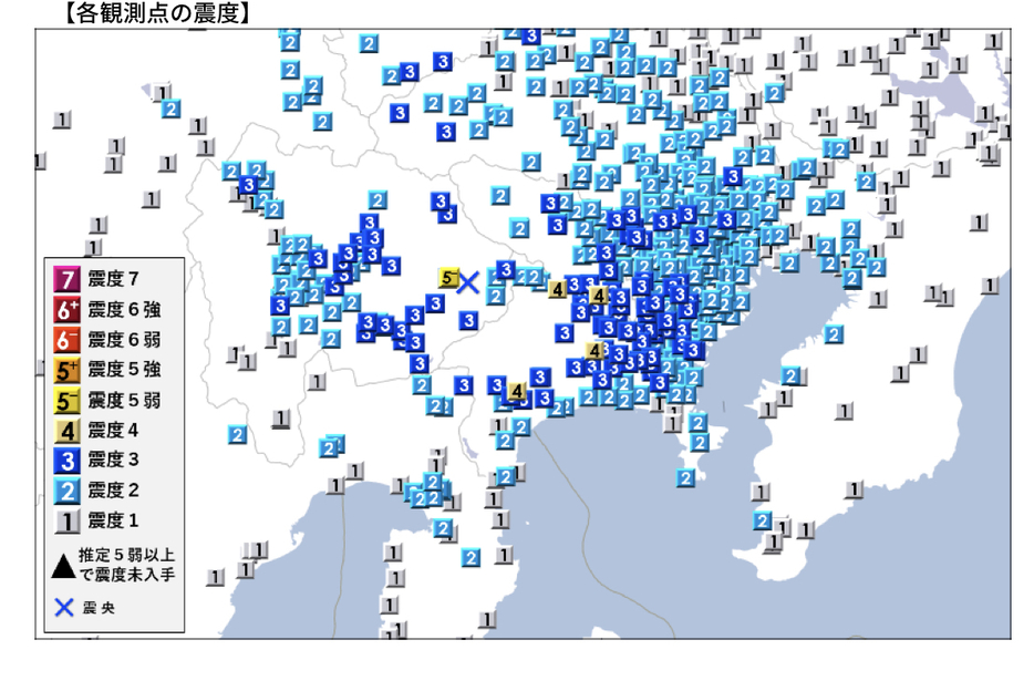 震央に近い山梨県大月市で震度5弱を観測した（気象庁の発表資料より）