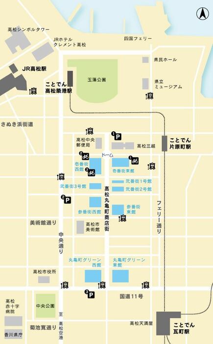 [図解]「高松丸亀町商店街」の全体図（高松丸亀町商店街振興組合ホームページより）