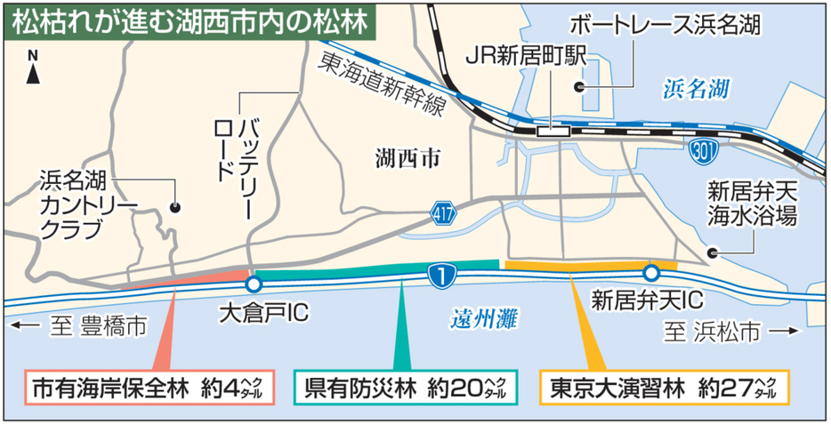 松枯れが進む湖西市内の松林