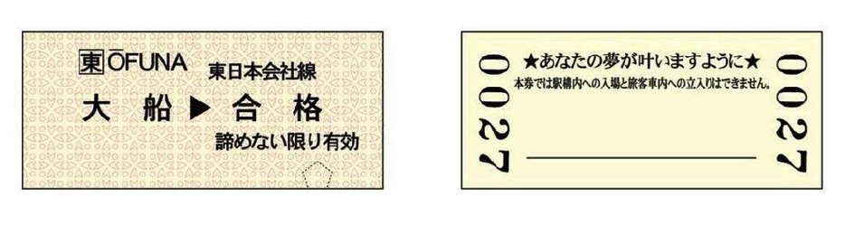 「大船→合格」などと記載されたオリジナル硬券（ＪＲ東日本横浜支社提供）