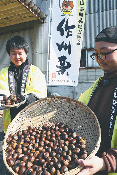 甘栗のPRに全力を懸けるJA職員（昨年11月、岡山県勝央町で）