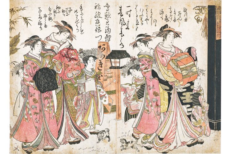 『青楼名君自筆集』 北尾政演（山東京伝）画　天明4（1784）年 版元：蔦屋重三郎 東京国立博物館／有名な遊女を10～15歳の禿（かむろ）らとともに描いた錦絵。上部には遊女直筆の狂歌などがそのまま彫られている。ColBasee（https://colbase.nich.go.jp）