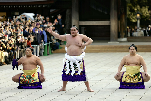 明治神宮で奉納土俵入りを披露する照ノ富士（中央）（７日）＝松本拓也撮影