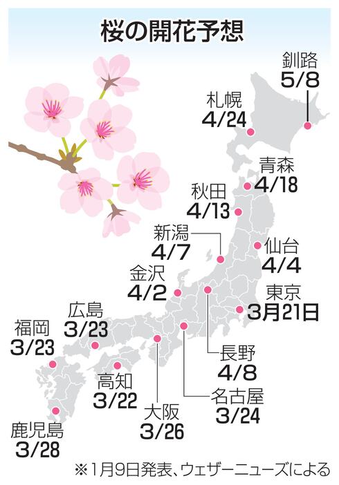 桜の開花予想（1月9日発表、ウェザーニューズによる）