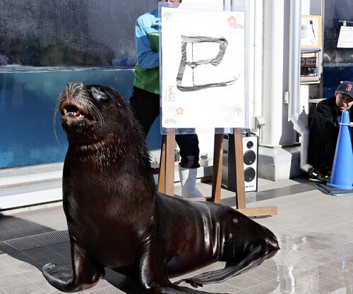 書き初めを披露し、ポーズをとるオタリア（３日、仙台市宮城野区で）