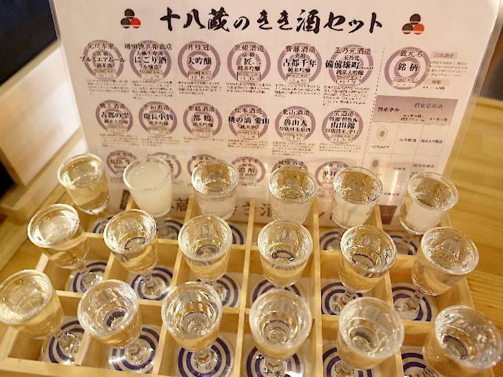 伏見といえば欠かせない日本酒。18種類の利き酒で景気よく新年の幕開けを！ グラス1杯20ml（18杯で360ml）