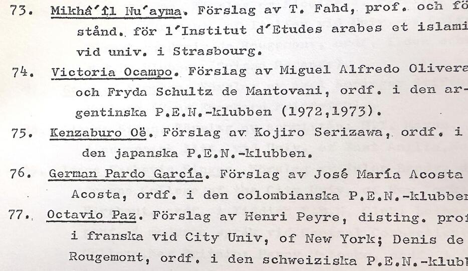 1974年のノーベル文学賞の選考資料。大江健三郎さんと、推薦した芹沢光治良の名前がある（共同）