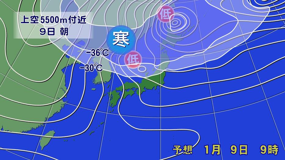 予想天気図と上空5500メートル付近の寒気の予想(9日(木)午前9時)