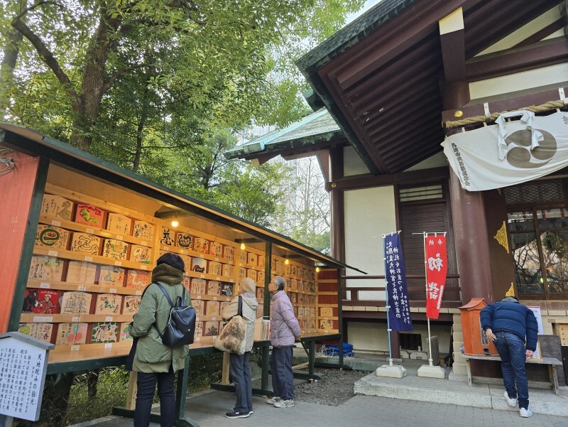 川崎市内の稲毛神社で開かれている「第47回有名人慈善絵馬展」に見入る人たち＝2025年1月3日午後3時36分、和田浩明撮影