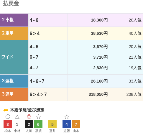 3連単は⑥-④-⑦で318,050円という配当で、208番人気の組み合わせ