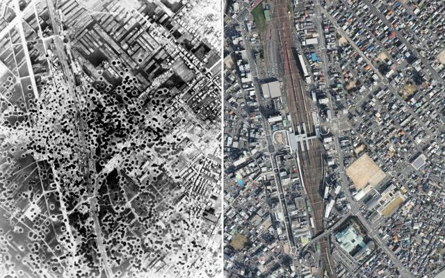 【左】1945年8月14日の空襲後に撮影された現在の岩国駅付近。無数の黒い点は爆撃による穴=米軍撮影【右】2024年11月に撮影した岩国駅周辺=山口県岩国市、朝日新聞社ヘリから、嶋田達也撮影