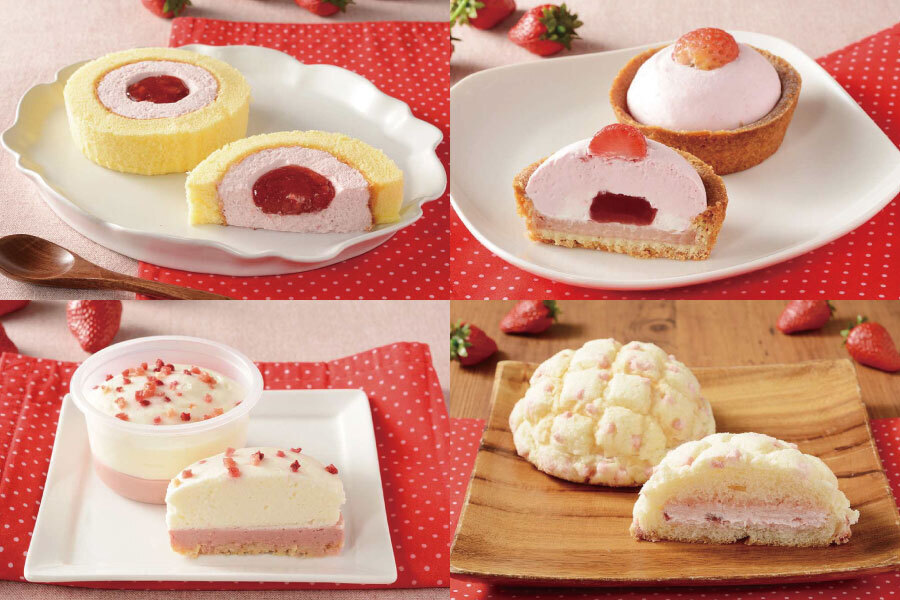 ローソン×ICHIBIKOコラボ商品（左上から時計回りに）「いちごロールケーキ」「いちごミルクのタルト」「苺メロンパン」「ふわ濃チーズケーキ（いちご）」