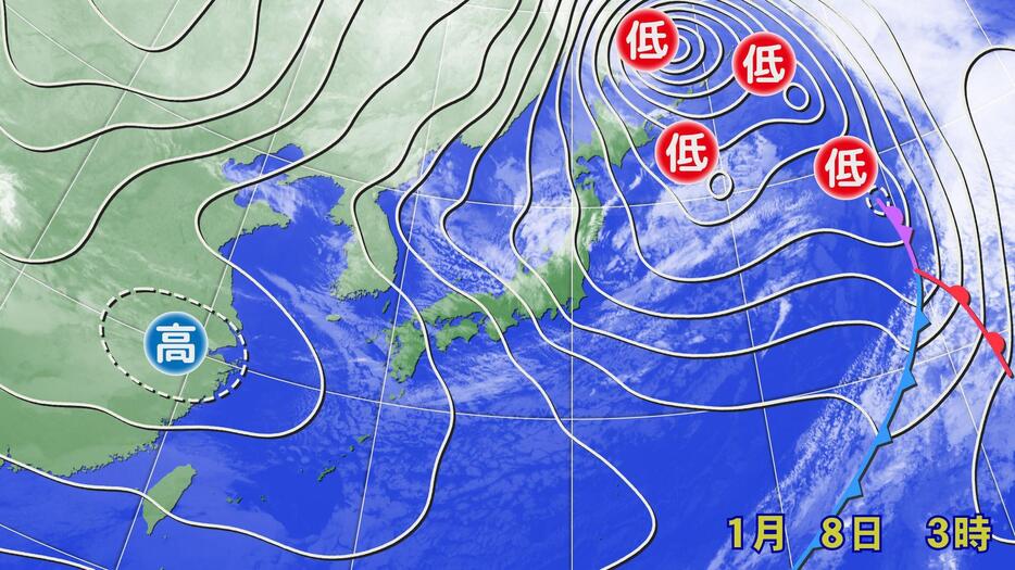 8日(水)午前3時の気圧配置と雲の様子