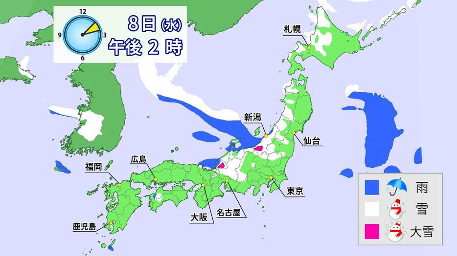 8日(水)午後2時の雪や雨の予想