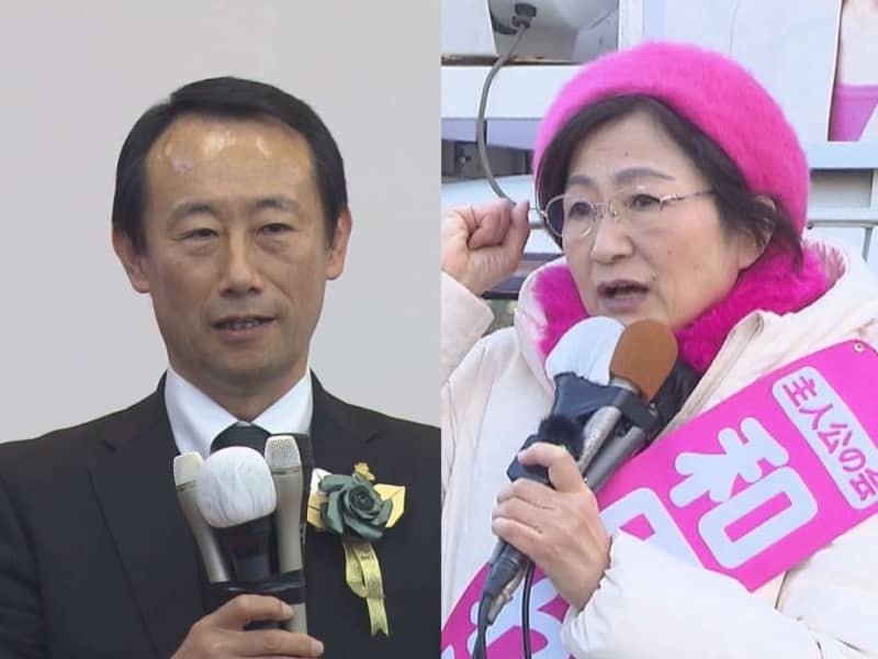 知事選に立候補した江崎禎英さん（左）と和田玲子さん（右）＝９日、岐阜市内