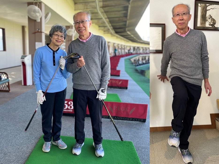 奥さまの弥生さん（70歳）も最近ゴルフを始めた。一緒に楽しめるのも「健康あってこそ」腰によいという「足踏み体操」。「簡単です。正しい姿勢でももをしっかり上げて行います」