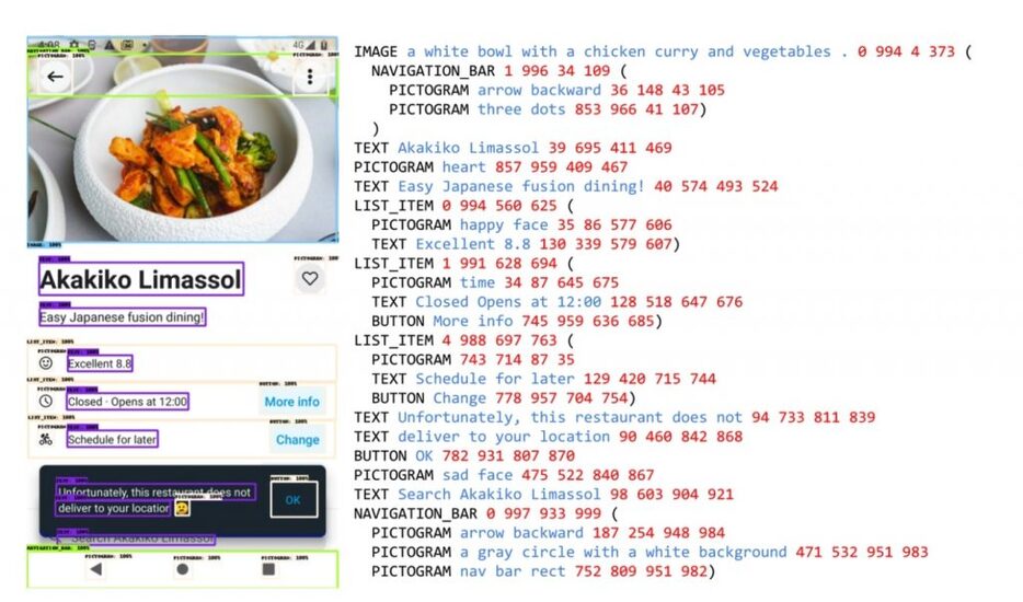 モバイルUIの各要素の位置を検出するScreenAI（グーグルウェブサイトより）