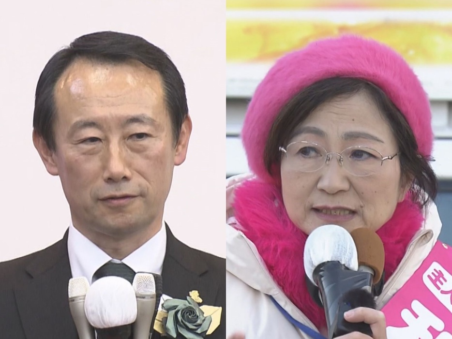 岐阜県知事選挙に立候補した江崎禎英さん(左)と和田玲子さん(右)