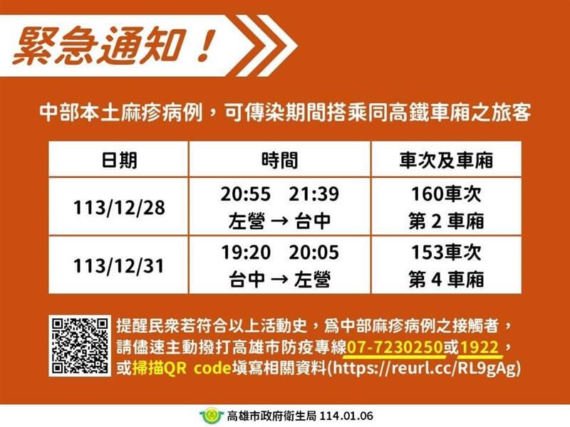 はしか患者の同乗者に申し出を呼びかける高雄市政府衛生局のお知らせ＝同局の公式サイトより