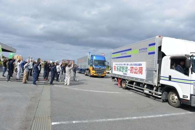 島産野菜の初出荷を「万歳三唱」で見送る関係者ら＝8日、JAおきなわ宮古地区農産物集出荷施設