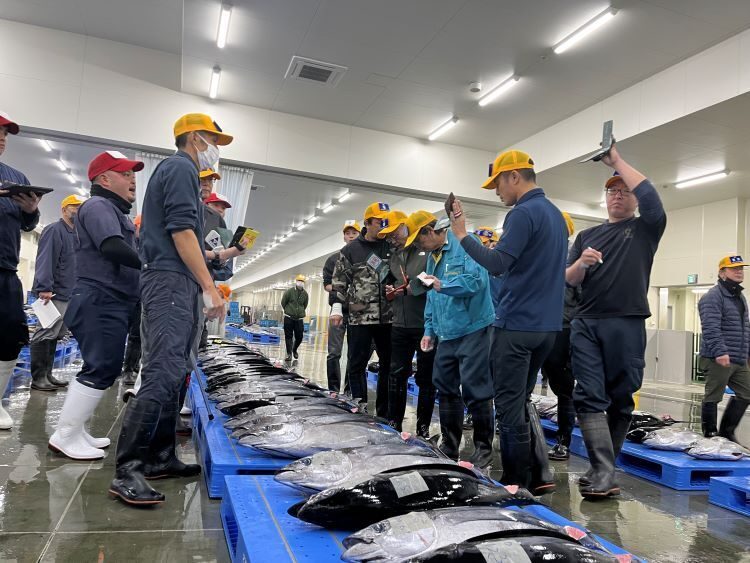 活気のある声が飛ぶ初競り＝4日午前5時40分分ごろ、糸満市のイマイユ市場