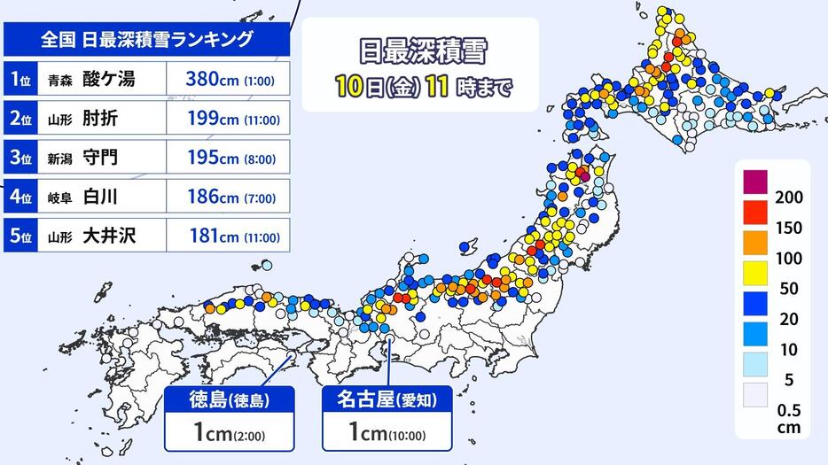 11日(金)午前11時現在の最深積雪