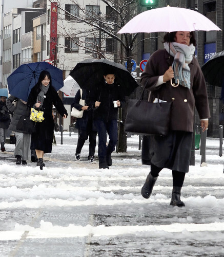 傘を差して雪道を歩く人たち（９日午前８時１４分、福井市で）＝荒田憲助撮影