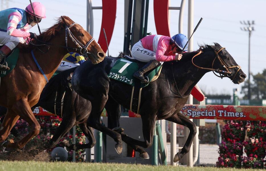 去勢明けでトップハンデの8歳馬サクラトゥジュールが先頭でゴールを駆け抜けた＝中京競馬場（撮影・安部光翁）