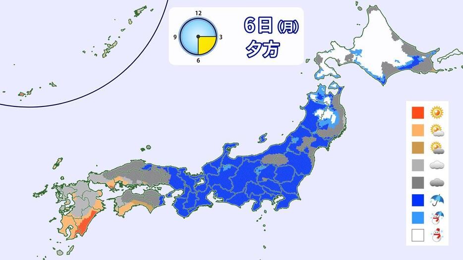 6日(月)夕方の天気分布