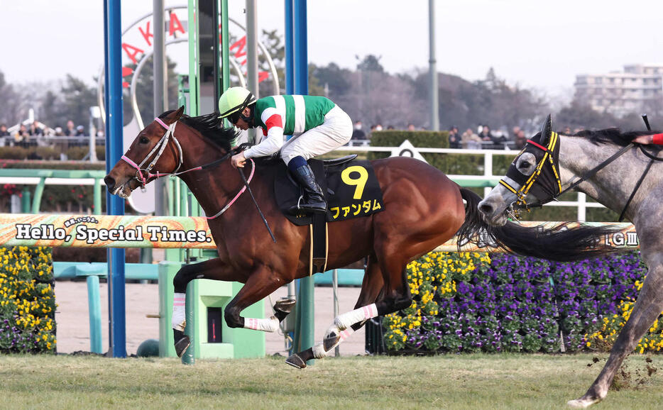 中山10R、ジュニアCを制したファンダムと北村宏騎手（撮影・丹羽敏通）