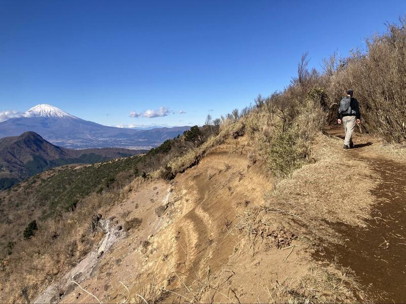 富士山を望みながら稜線を歩く。明神ヶ岳山頂付近は気持ちのいいエリアだ（撮影：山歩ヨウスケ）