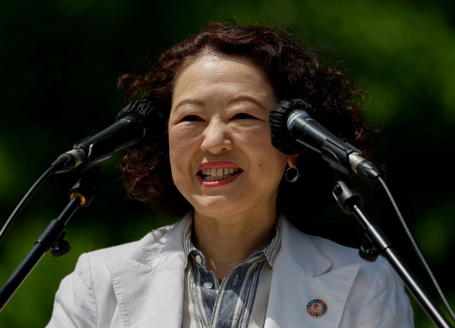 　１月６日、連合の芳野友子会長（写真）は年頭会見で、間もなく始まる通常国会では国民生活の実情に寄り添った審理や、国民のための政治が行われることを期待をしたいと述べた。写真は２０２３年４月、都内で撮影（２０２５年　ロイター/Issei Kato）