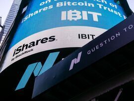 Blackrock iShares Bitcoin Trust ETF signage at the Nasdaq MarketSite in New York. Photographer: Michael Nagle/Bloomberg