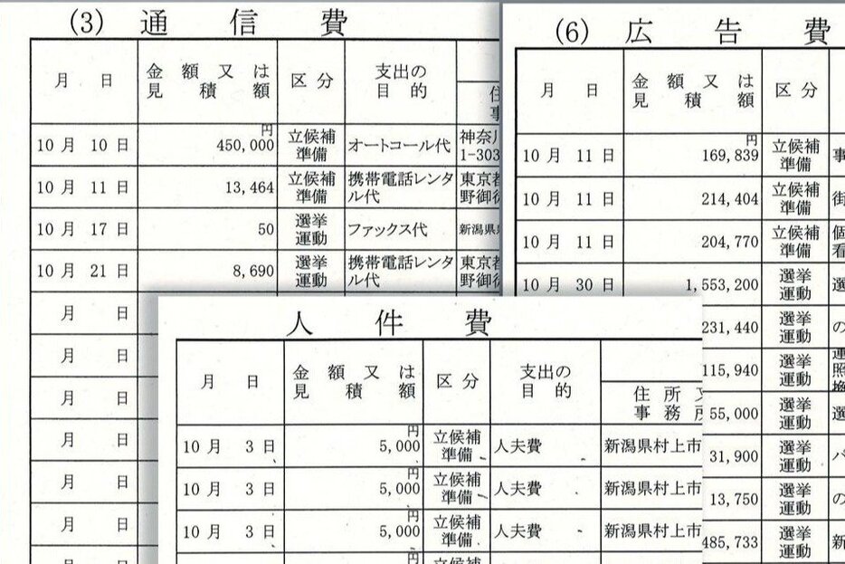 県選管に提出された衆院選の「選挙運動費用収支報告書」の一部（複数候補の報告書の写しを組み合わせ）