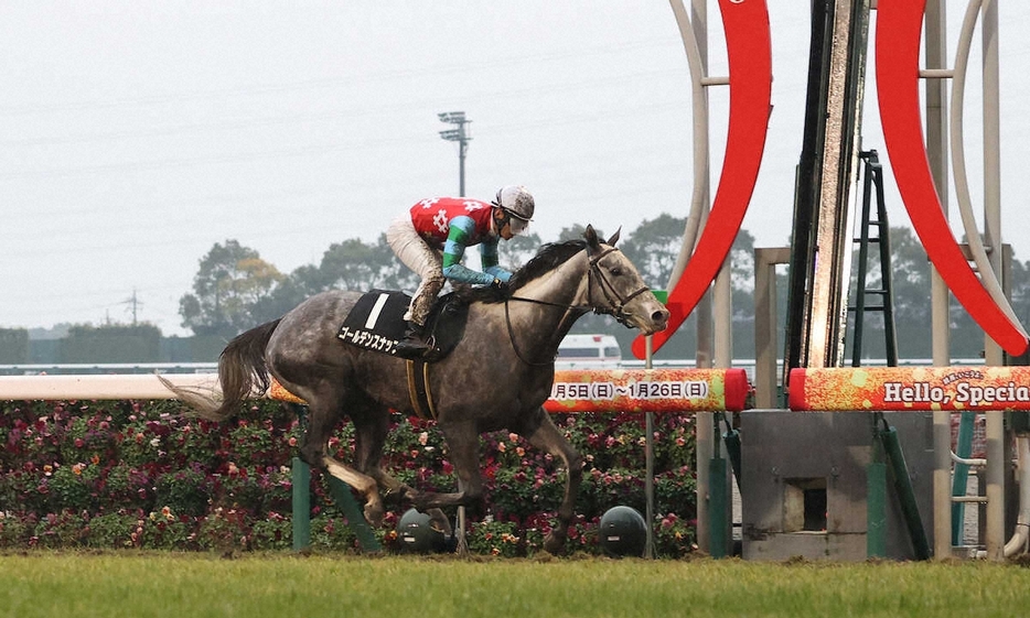 ＜中京競馬　11R万葉S＞最後の直線で抜け出し勝利した浜中騎乗のゴールデンスナップ（撮影・椎名　航）