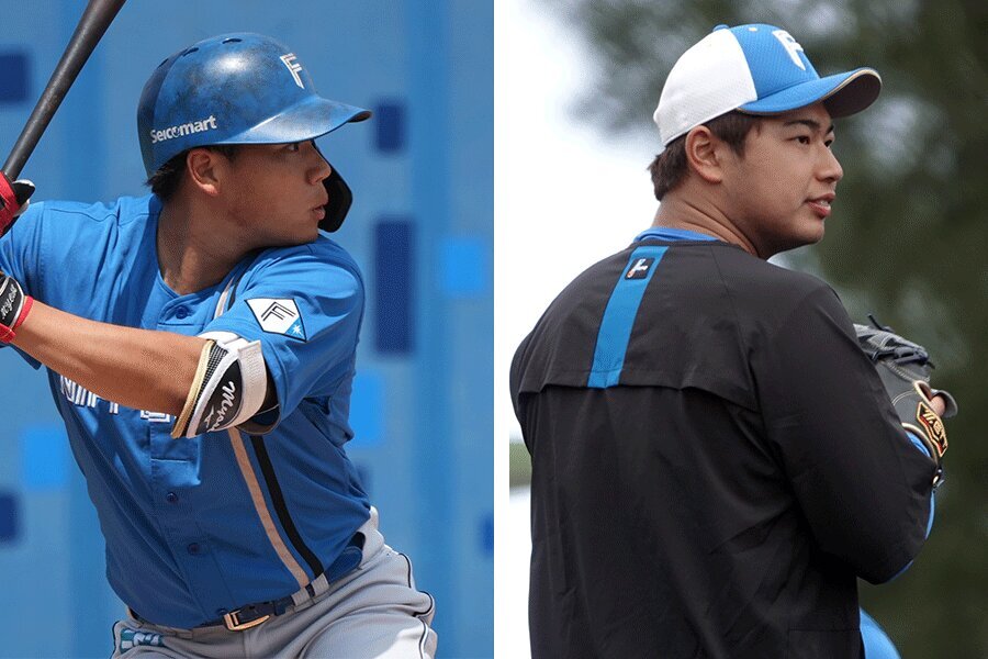 日本ハム・明瀬諒介（左）と松浦慶斗【写真：町田利衣】