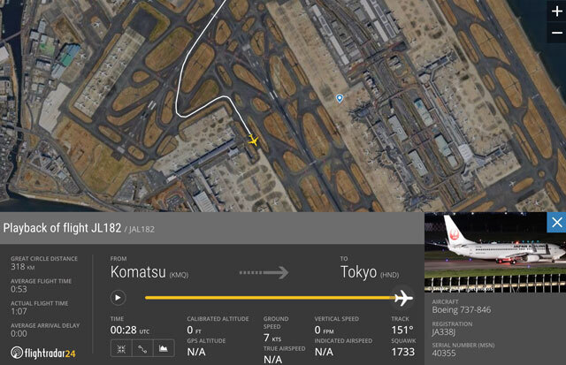 タイヤがパンクした小松発羽田行きJL182便（Flightradar24から、実際の位置とは誤差がある場合があります）