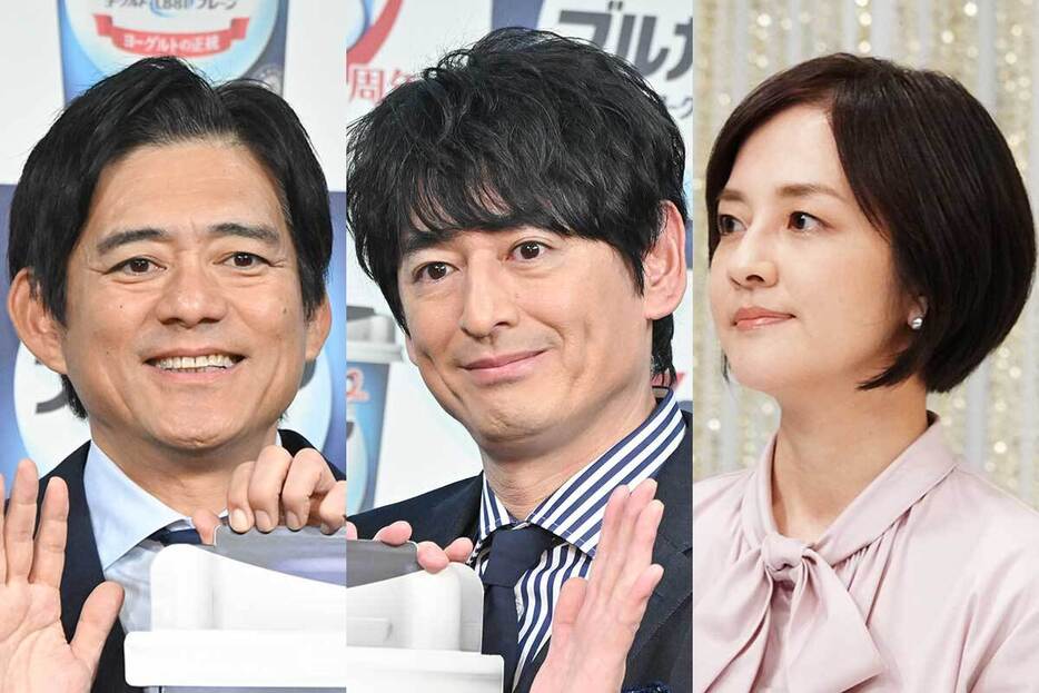 博多華丸・大吉の博多華丸、博多大吉、NHKの鈴木奈穂子アナ（左から）【写真：ENCOUNT編集部】