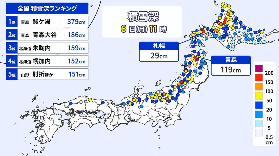 6日(月)午前11時現在の積雪