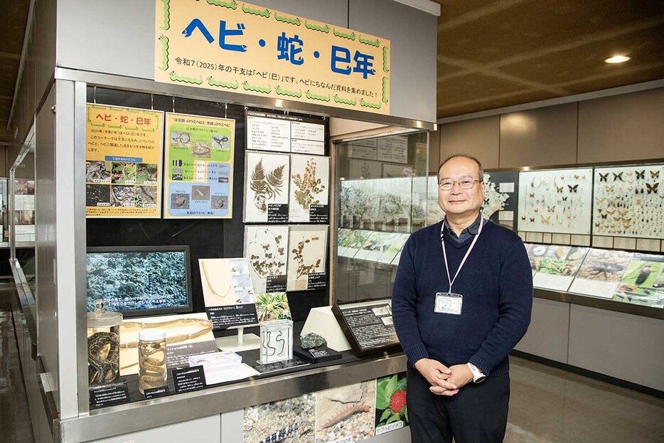 萩原さんが企画した干支にちなんだ展示＝２０２４年１２月、横須賀市深田台の市自然・人文博物館