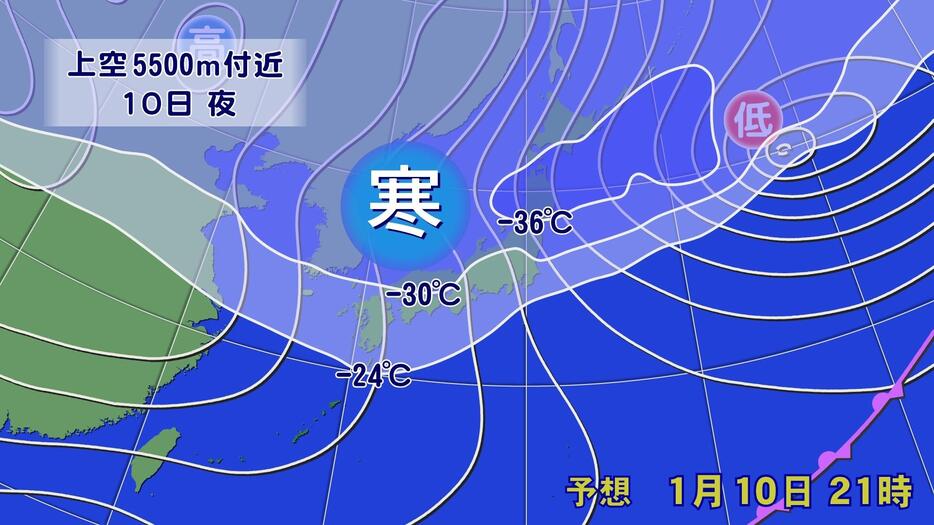 1月10日（金）午後9時の上空5500m付近の寒気の予想