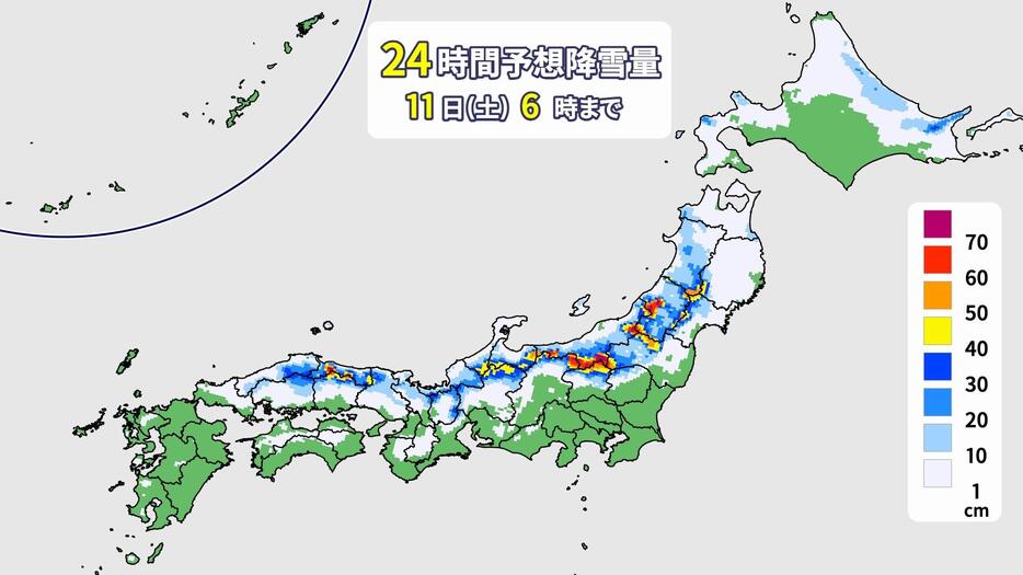 1月11日（土）午前6時までの24時間予想降雪量