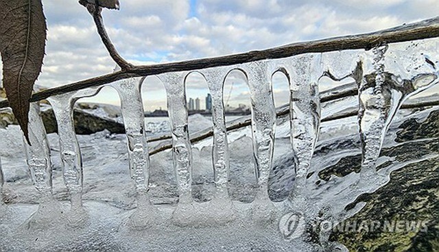 ソウルの最低気温が氷点下7．8度まで下がった先月23日、市内を流れる漢江の周辺につららができている＝（聯合ニュース）