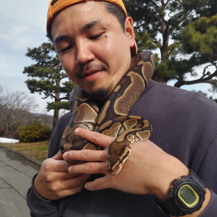 撮影会に参加するボールニシキヘビの「ハマチ」と山上さん