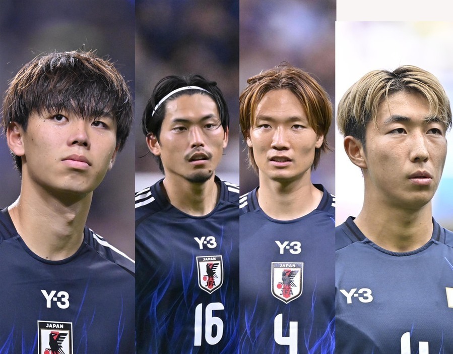 サッカー日本代表の高井幸大、町田浩樹、板倉滉、関根大輝　撮影：中地拓也（関根のみ雑誌協会代表撮影／中地拓也）