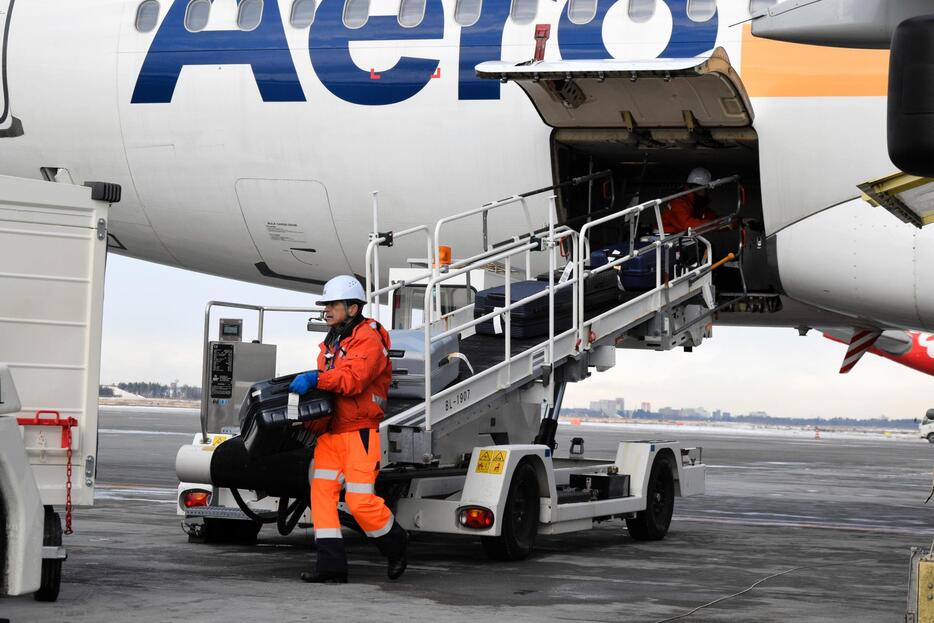 新千歳空港に到着した韓国便から、手荷物を運び出すFMG関連会社の従業員＝昨年12月