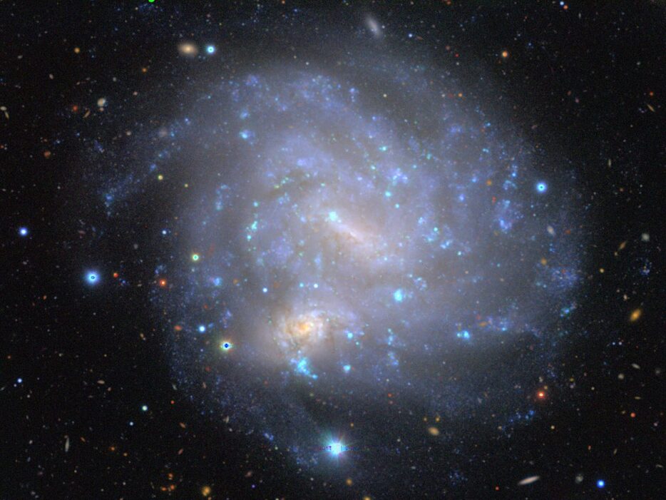 国立天文台すばる望遠鏡の超広視野主焦点カメラ「HSC」で撮影された銀河「NGC 4496」。大きく見える上の渦巻銀河「NGC 4496A」と、その中にあるように見える下の渦巻銀河「NGC 4496B」から成る（Credit: 国立天文台）